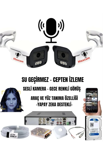 maxcam 2 Kameralı Sesli 5mp - Gece Renkli Araç Ve Yüz Tanımalı Kamera Sistemi - Hazır Kamera Seti ürün görseli 1