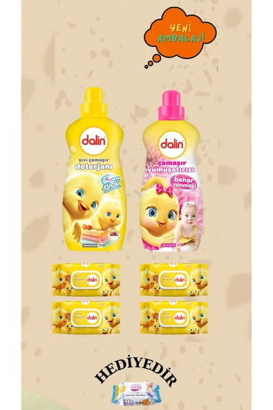 DALİN SIVI ÇAMAŞIR DETERJANI 1500 ML 1 ADET, BAHAR NİNNİ YUMUŞATICI 1500 ML 1 ADET,ISLAK MENDİL 56 LI 4 ADET ürün görseli 1