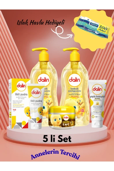 DALİN KLASİK 700 ML ŞAMPUAN 2, PİŞİK KREMİ 100 ML 1,LİKİD PUDRA 100 ML 1,VAZELİN HİND.CEVİZLİ 100 ML 1 + DALİN ISLAK MENDİL 56 LI 2 ADET HEDİYE ürün görseli 1