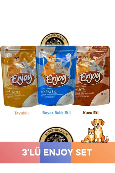 Enjoy Pouch Sos İçinde Et Parçacıklı Kuzu Etli/ Tavuklu/ Beyaz Balıklı Yaş Kedi Maması 3x85 gr ürün görseli 1