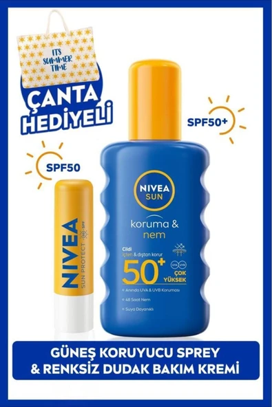 NIVEA SUN SPF50 Güneş Koruyucu Vücut Spreyi 200ml ve Renksiz Nemlendirici Dudak Bakım Kremi,Çanta Hediyeli ürün görseli 1