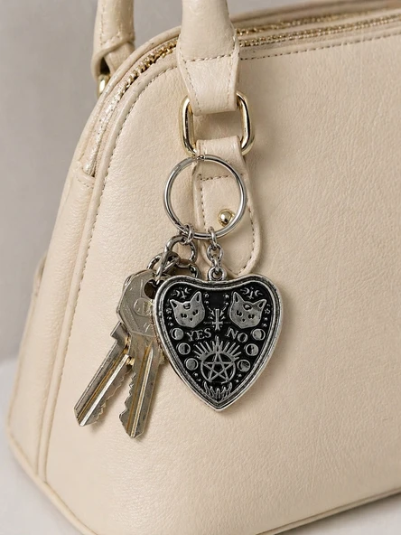 Gotik Kedi Pentagram Desenli Metal Anahtarlık Unisex Siyah Gümüş ürün görseli 1