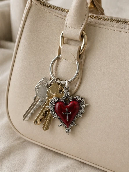 Gotik Kırmızı Kalp Haç Detaylı Metal Anahtarlık Unisex ürün görseli 1