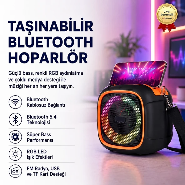 Taşınabilir Bluetooth Hoparlör | Süper Bass, RGB Işık, Hi-Fi Stereo, FM Radyo, USB & TF Kart Destekli ürün görseli 1