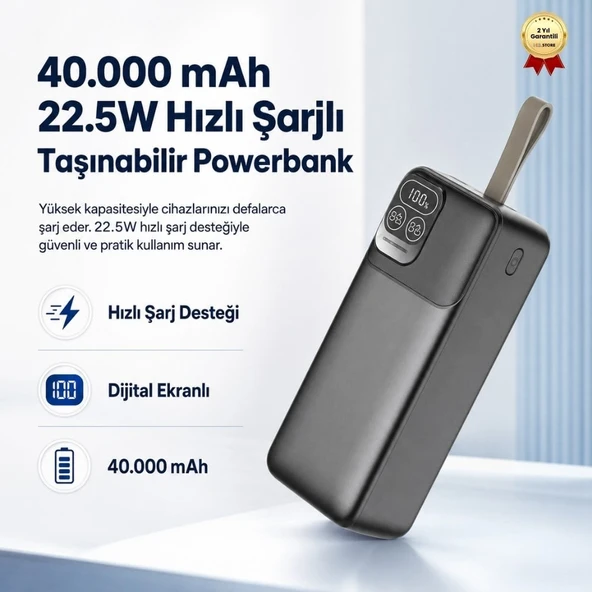 40.000 mAh Powerbank 22.5W Hızlı Şarjlı Dijital Ekranlı Taşınabilir Şarj Cihazı ürün görseli 1