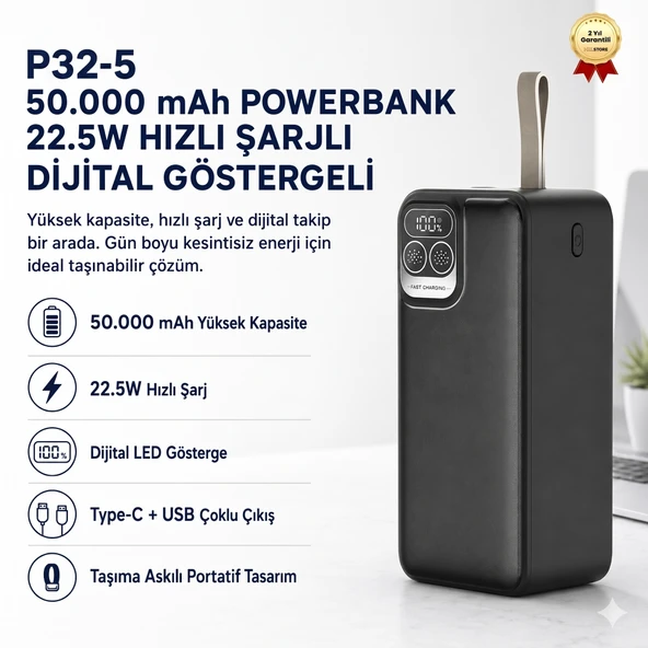 50.000 mAh Powerbank 22.5W Hızlı Şarjlı Dijital Göstergeli Taşınabilir Şarj Cihazı ürün görseli 1
