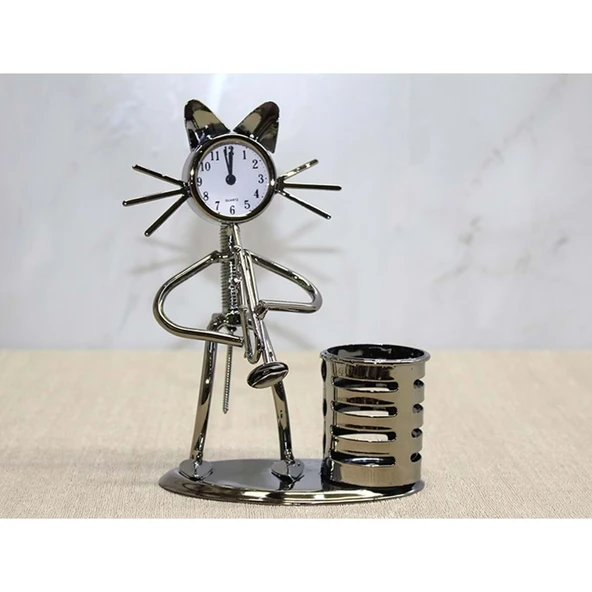 Metal Kedi Müzisyen Saat Ve Kalemlik ürün görseli 1