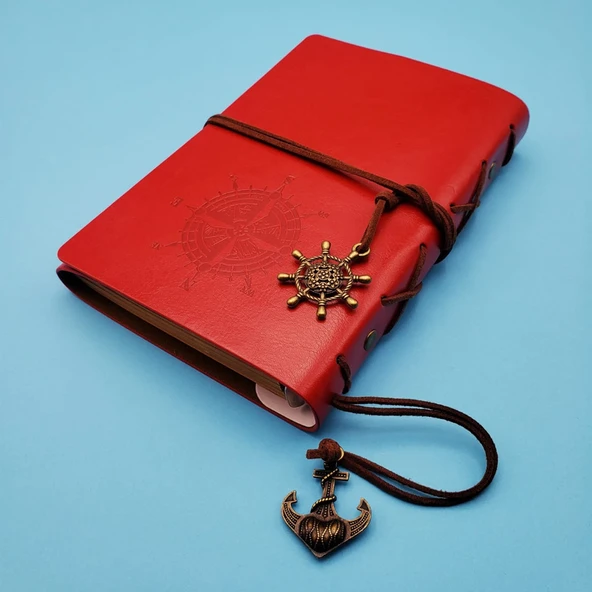 Pusula Tasarımlı Kırmızı Deri Defter ürün görseli 1