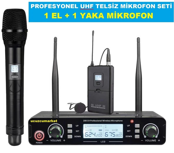 UHF KABLOSUZ PROFESYONEL TELSİZ MİKROFON SETİ ( 1 EL + 1 YAKA MİKOFON) ürün görseli 1