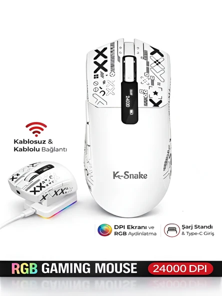 Kablosuz Oyuncu Mouse 24000 DPI 1000Hz RGB Şarj İstasyonlu Dijital Göstergeli Gaming Mouse ürün görseli 1