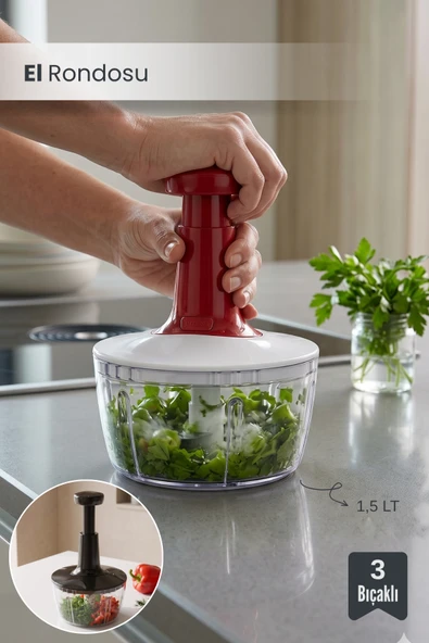 3 Bıçaklı Pratik El Rondosu Paslanmaz Çelik El Robotu Doğrayıcı Rondo 1,5 L ürün görseli 1