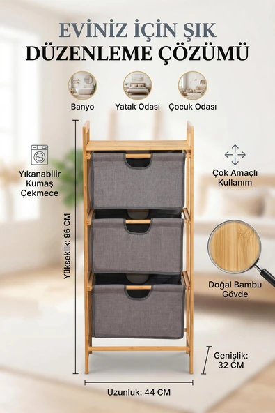 3 Katlı Çekmeceli Bambu Çamaşır Sepeti Banyo Mutfak Düzenleyici Dolap 44x32x96 ürün görseli 1