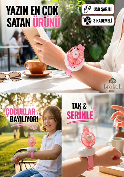 Avec Şarjli Bilek Fanı Soğutucu Vantilatör Usb 3 Kademeli Taşınabilir Vantilatör Fan Mini Fan Pembe ürün görseli 1