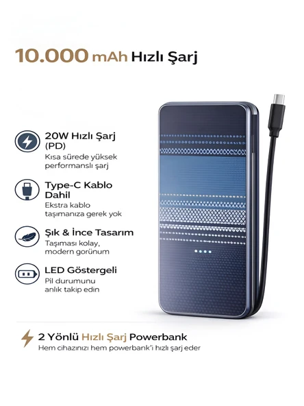 10000mAh Karbon Stil Powerbank Dahili Type-C Kablo 20W Hızlı Şarj Taşınabilir Şarj Cihazı ürün görseli 1