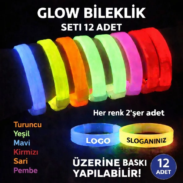 Glow Kalın Bileklik 12’li Set | Baskıya Uygun Renkli Model ürün görseli 1