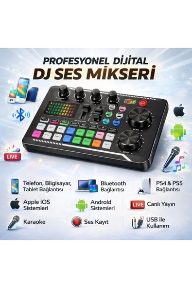 MultiZone Dilital DJ Stüdyo Ses Mikseri Bluetooth Bağlantı Şarjlı Mikrofon Kondenser Canlı Yayın ürün görseli 1
