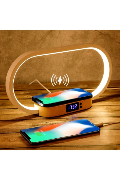 MultiZone Kablosuz Şarjlı LED Işıklı Masa Lambası Alüminyum Alaşım Masif Ahşap ürün görseli 1