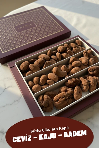 FARMİO Hediyelik Çikolata Kaplı Kuruyemiş 350gr – Kaju, Badem, Ceviz - Sütlü Çikolata Kaplı Kakaolu Draje ürün görseli 1