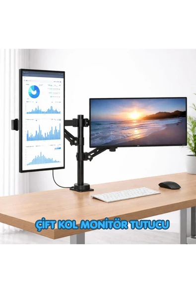 MultiZone Masaüstü Çift Kol Monitör Tutucu Stant Aparat 14-32 İnç Ayarlanabilir TV PC LCD LED ürün görseli 1