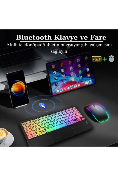 MultiZone RGB Renkli Aydınlatmalı Kablosuz Bluetooth Mouse Klavye Seti Slim Tablet Telefon Uyumlu ürün görseli 1