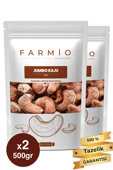 FARMİO Kabuklu (Zarlı) Jumbo Kaju - 1kg – Yağsız Kavrulmuş - Fırınlanmış - 2x500gr ürün görseli 1