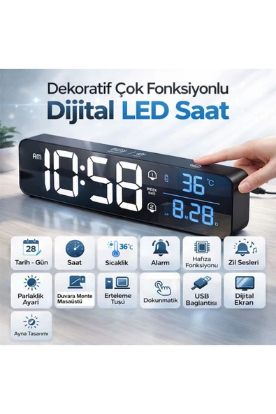 MultiZone HD LED Aynalı Duvar Masa Saati Dijital USB Şarjlı Tarih Sıcaklık Çift Alarm Çok Fonksiyon ürün görseli 1