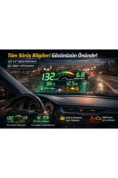 MultiZone OBD2 HUD A8 Head Up Display Ön Cam Yansıtmalı Gösterge Fiat Egea Renault Clio ürün görseli 1