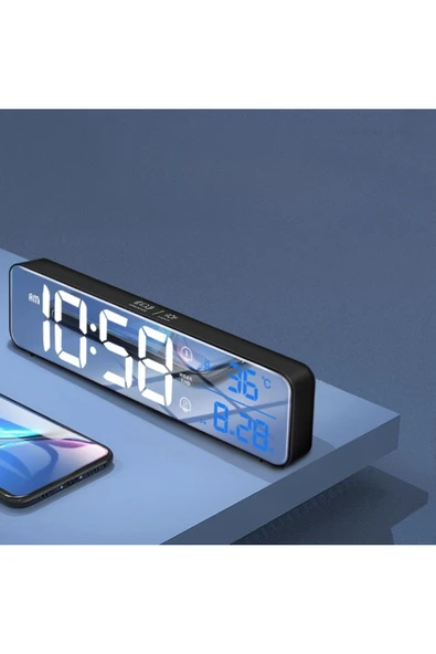 MultiZone LED Ekranlı Aynalı Masa Saati Sıcaklık Tarih Alarmlı Şarjlı Dijital Elektronik Saat ürün görseli 1
