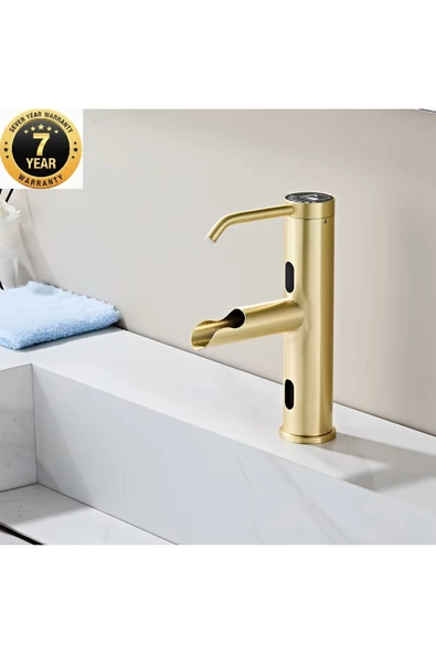 Sensörlü Banyo Lavabo Bataryası+Sıvı Sabunluklu 2in1 Modern Lüx 2026 İthal 7 Yıl Garanti Mat Gold ürün görseli 1