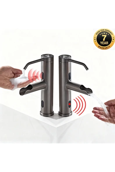 Sensörlü Banyo Lavabo Bataryası+Sıvı Sabunluklu 2in1 Modern Lüx 2026 İthal 7 Yıl Garantili Antrasit ürün görseli 1