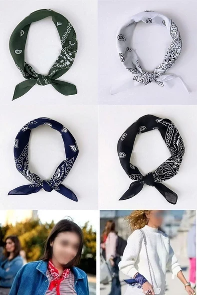 Askıcı Unisex 4 Adet Etnik Desenli Bandana Seti (lacivert-beyaz-siyah-haki) ürün görseli 1