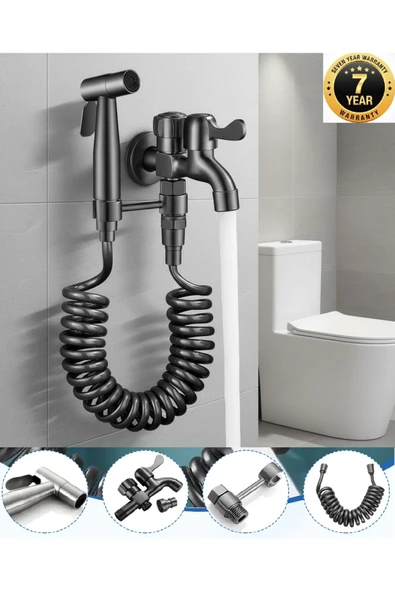 Banyo Tuvalet Taharet Musluğu Spiralli Bide ve Hortum Başlığı 7 Yıl Garanti Antrasit İthal ürün görseli 1