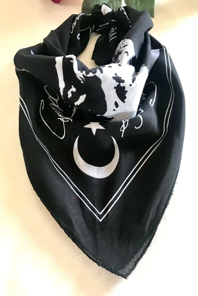 alsaccessories 23 Nisan I?çin Atatürk I?mzalı Ve Portreli Ay Yıldızlı Siyah Renk Unisex %100 Cotton Bandana Fular ürün görseli 1