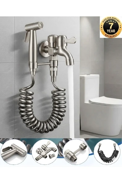 Banyo Tuvalet Taharet Musluğu Spiralli Bide ve Hortum Başlığı 7 Yıl Garanti Mat Krom Nikel İthal ürün görseli 1