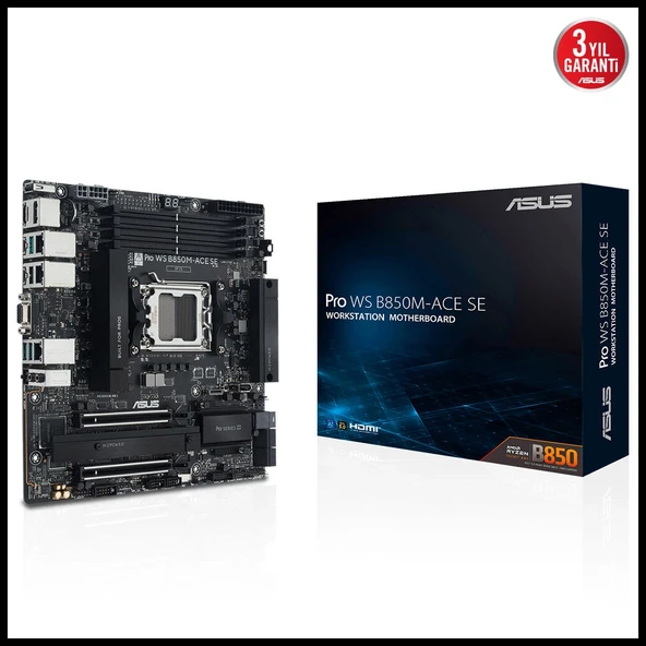 ASUS PRO WS B850M-ACE SE, 4xDDR5, 2xM.2, HDMI, DP, Type-C, D-SUB, PCIe 5.0, AM5 Soket Micro-ATX Anakart ürün görseli 1