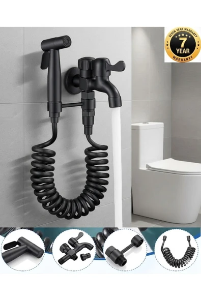 Banyo Tuvalet Taharet Musluğu Spiralli Bide ve Hortum Başlığı 7 Yıl Garanti Mat Siyah İthal ürün görseli 1