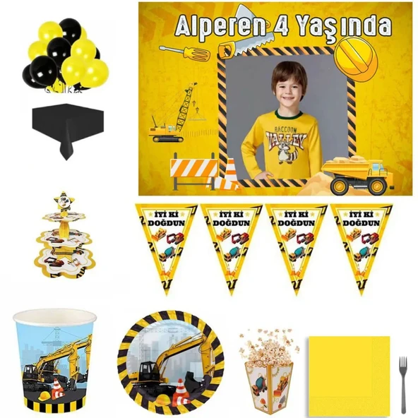 Afiş Hediyeli İnşaat Temalı Doğum Günü Seti 16 Kişilik ürün görseli 1