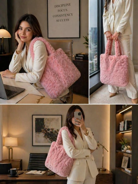 Pembe Peluş Omuz Çantası Kadın – Yumuşak Dokulu, Geniş İç Hacimli, Hafif, Günlük Kullanım, One Size Tote Çanta ürün görseli 1