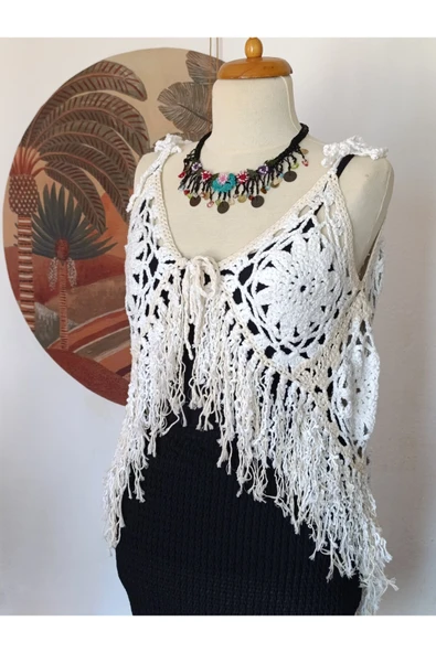 Hippybutik Kemik Ekru Koton Ip Tığ Motifli El Işi Tasarım Çift Yön Giyilebilen Yelek Bluz Plaj Giyim ürün görseli 1