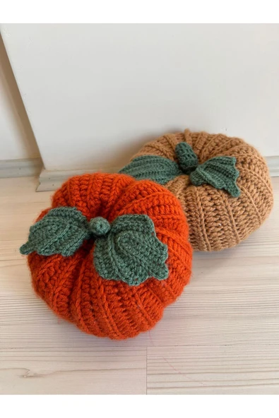 Patiska Tasarım El Yapımı 2 li Set Örgü Balkabağı Dekoratif Yastık 20x10 cm – Halloween Temalı, Boncuk Elyaf Dolgulu ürün görseli 1