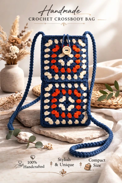 Hobi Kafe Turuncu Beyaz El Örgüsü Motifli Telefon Çantası ürün görseli 1