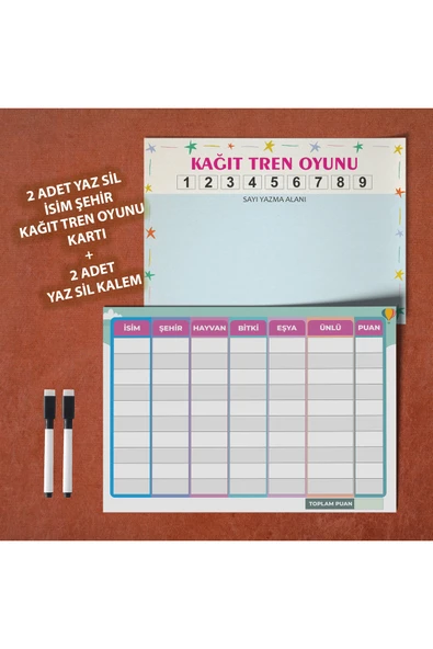 Ligona Home İsim Şehir Oyunu Hayvan Bitki Eşya - Kağıt Tren Oyunu 2 ' Li Set Yaz Sil Pvc Kaplı- 2 Kalem Hediyeli ürün görseli 1