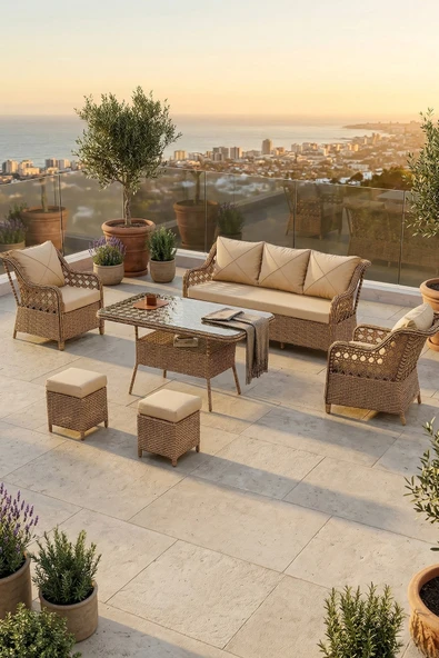 Canisa Anemon Serisi 1. Sınf 3+1+1+2 Puf Cappucino Rattan Cappucino Minder Bahçe Takımı, Balkon Takımı ürün görseli 1