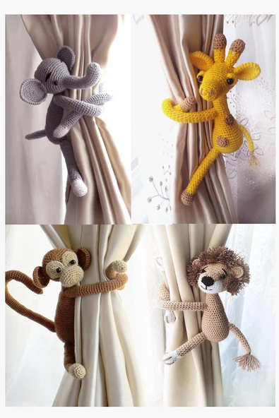 Forever Crochet El Yapımı Aslan Amigurami Perde Tutucu , Çocuk Ve Bebek Odası Dekorasyon Ürünü Örgü Perde Hayvanı ürün görseli 1