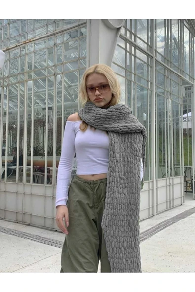 Moda Biçer Peluş Örgü Atkı Şal Pufy - Resim 2