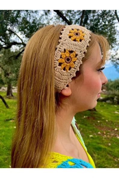 RA Design Sütlü kahve renkli, Ayçiçek örgü şerit bandana ürün görseli 1