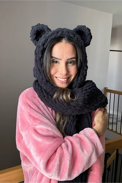 BUBOI KNIT Ayıcık Kulaklı Birleşik Atkı Şapka Takımı El Örgüsü (Siyah) ürün görseli 1