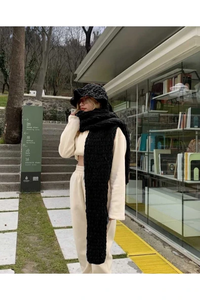 Moda Biçer Peluş Örgü Atkı Şal Siyah ürün görseli 1
