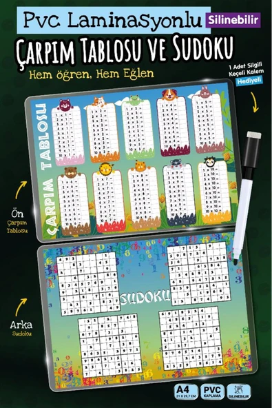 t tuğset etiket Kalemli A4 çarpım tablosu Sudoku A4 Yaz Sil Pvc Kaplı-Kalem Hediyeli-T1465 ürün görseli 1