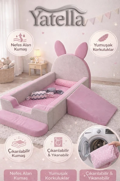Yatella Şirin Tavşan Yatak- Çok Fonksiyonlu Bebek & Çocuk Yatağı  70 x 130 cm  Krem - Pembe ürün görseli 1